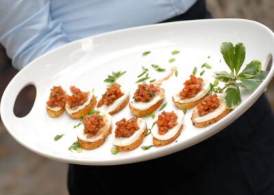 Salsa on small bread chip appetizer.